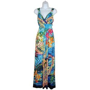 ECI New York Blue Hawaiian Floral Maxi Dress 4 S Pockets Long Blue Multicolor